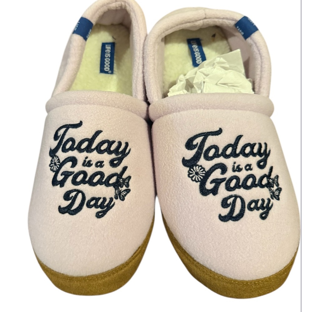 LIFE IS GOOD women’s Fleece Slippers with Embroidered Text